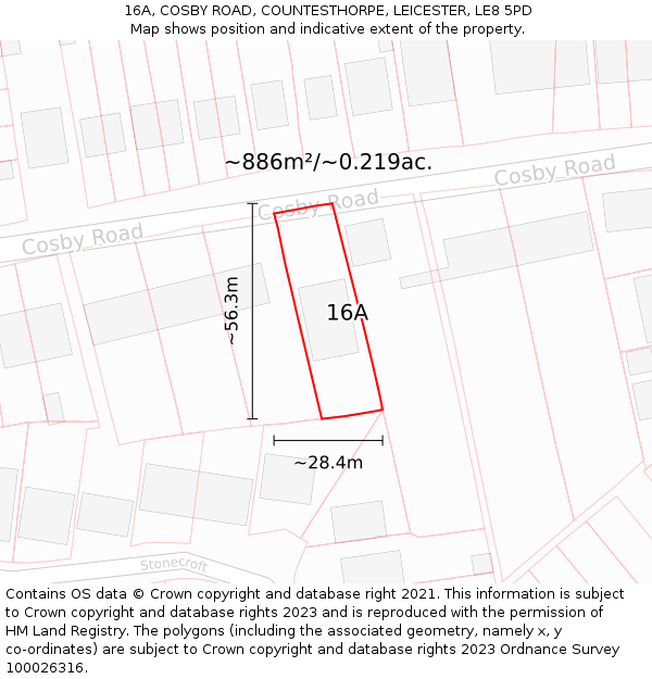 16A, COSBY ROAD, COUNTESTHORPE, LEICESTER, LE8 5PD: Plot and title map