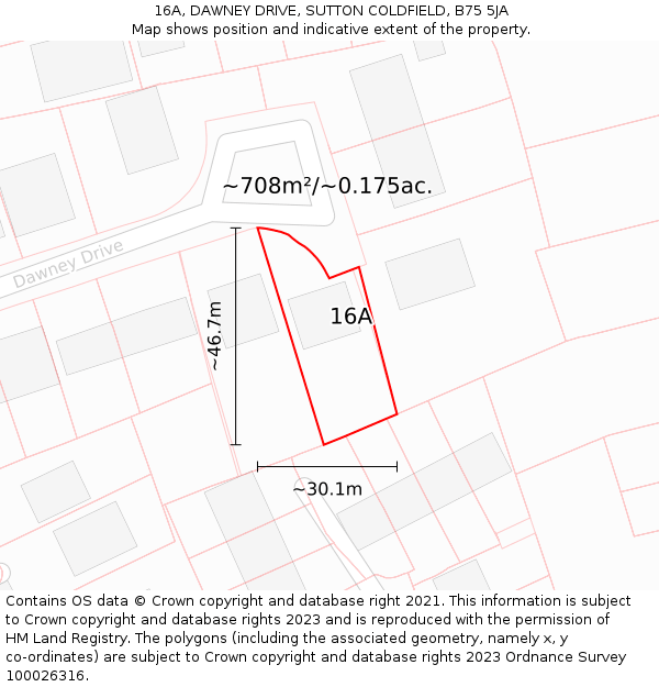 16A, DAWNEY DRIVE, SUTTON COLDFIELD, B75 5JA: Plot and title map