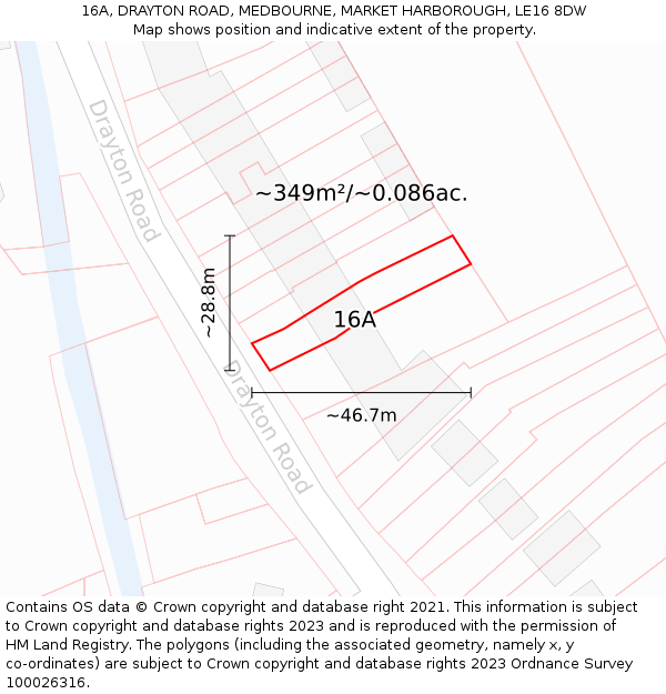 16A, DRAYTON ROAD, MEDBOURNE, MARKET HARBOROUGH, LE16 8DW: Plot and title map