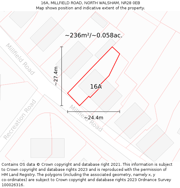 16A, MILLFIELD ROAD, NORTH WALSHAM, NR28 0EB: Plot and title map