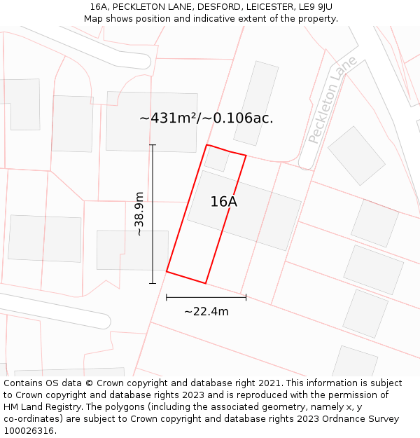16A, PECKLETON LANE, DESFORD, LEICESTER, LE9 9JU: Plot and title map