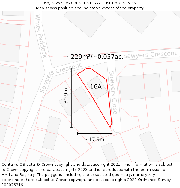 16A, SAWYERS CRESCENT, MAIDENHEAD, SL6 3ND: Plot and title map