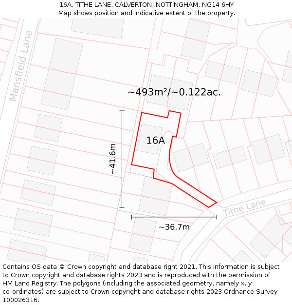 16A, TITHE LANE, CALVERTON, NOTTINGHAM, NG14 6HY: Plot and title map
