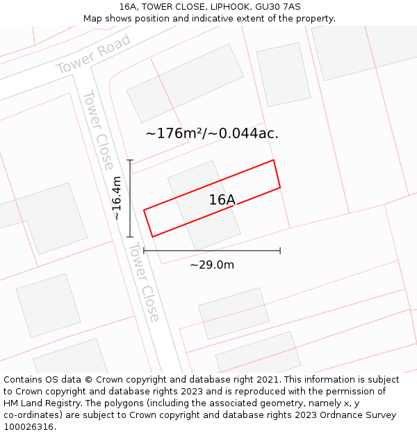 16A, TOWER CLOSE, LIPHOOK, GU30 7AS: Plot and title map