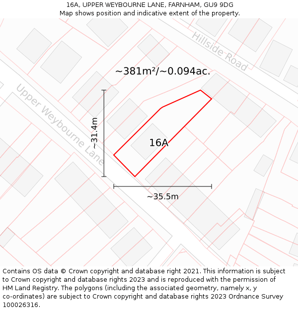 16A, UPPER WEYBOURNE LANE, FARNHAM, GU9 9DG: Plot and title map