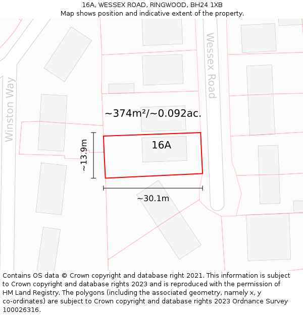 16A, WESSEX ROAD, RINGWOOD, BH24 1XB: Plot and title map