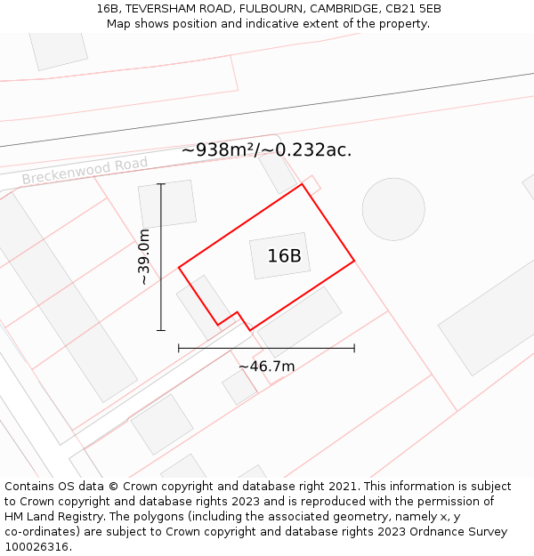 16B, TEVERSHAM ROAD, FULBOURN, CAMBRIDGE, CB21 5EB: Plot and title map