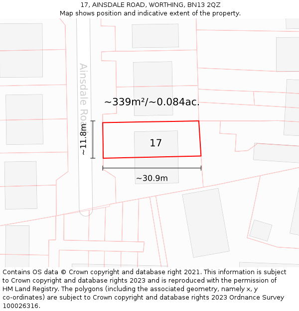 17, AINSDALE ROAD, WORTHING, BN13 2QZ: Plot and title map