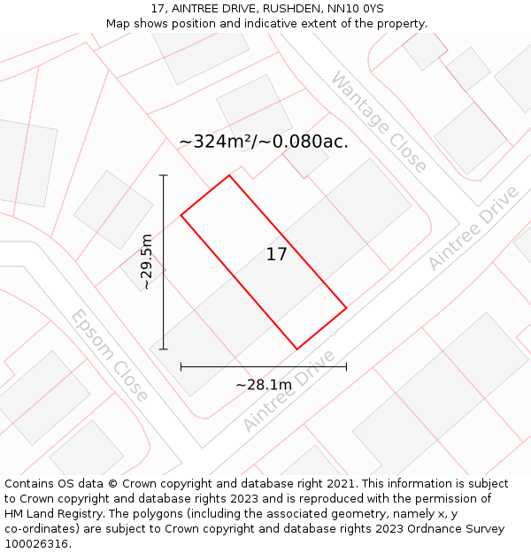 17, AINTREE DRIVE, RUSHDEN, NN10 0YS: Plot and title map