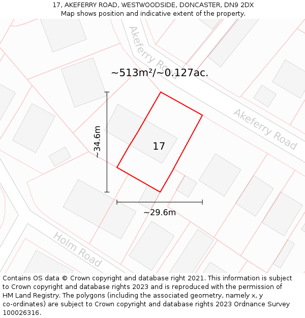 17, AKEFERRY ROAD, WESTWOODSIDE, DONCASTER, DN9 2DX: Plot and title map