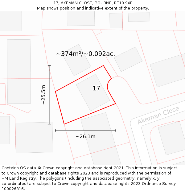 17, AKEMAN CLOSE, BOURNE, PE10 9XE: Plot and title map