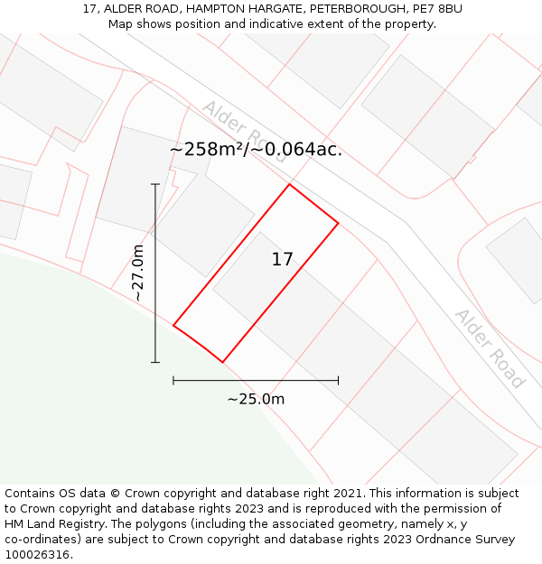 17, ALDER ROAD, HAMPTON HARGATE, PETERBOROUGH, PE7 8BU: Plot and title map