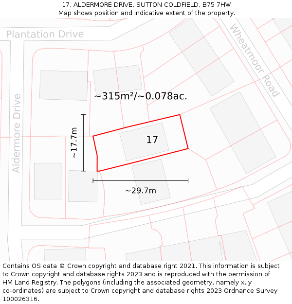 17, ALDERMORE DRIVE, SUTTON COLDFIELD, B75 7HW: Plot and title map
