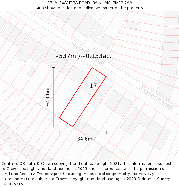 17, ALEXANDRA ROAD, RAINHAM, RM13 7AA: Plot and title map