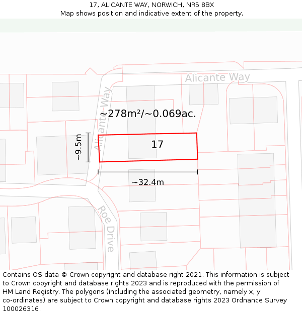 17, ALICANTE WAY, NORWICH, NR5 8BX: Plot and title map