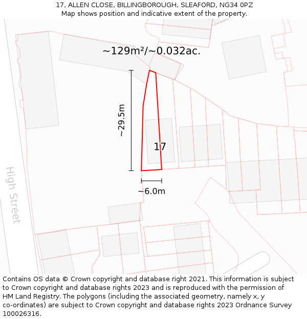 17, ALLEN CLOSE, BILLINGBOROUGH, SLEAFORD, NG34 0PZ: Plot and title map