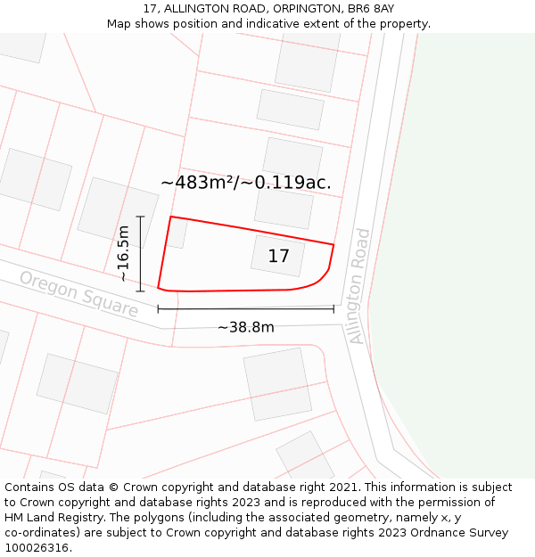 17, ALLINGTON ROAD, ORPINGTON, BR6 8AY: Plot and title map