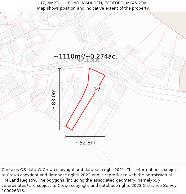 17, AMPTHILL ROAD, MAULDEN, BEDFORD, MK45 2DA: Plot and title map