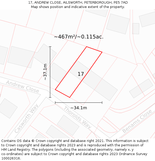 17, ANDREW CLOSE, AILSWORTH, PETERBOROUGH, PE5 7AD: Plot and title map