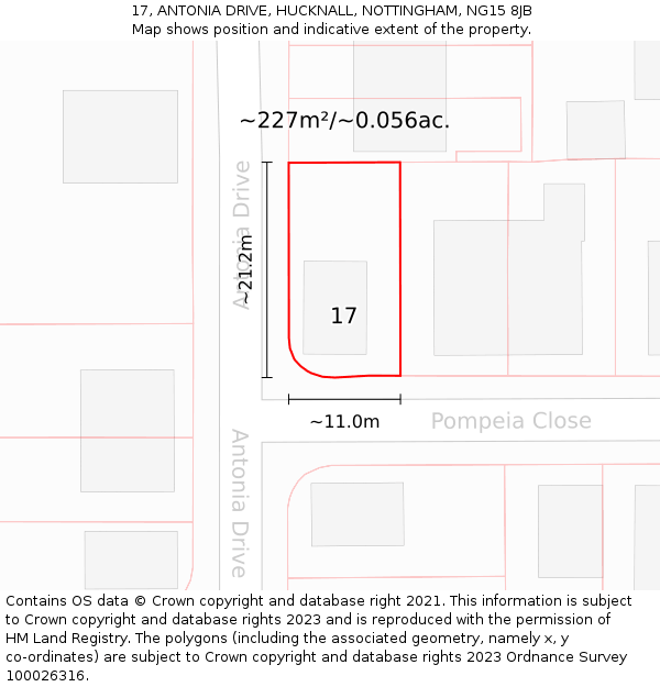 17, ANTONIA DRIVE, HUCKNALL, NOTTINGHAM, NG15 8JB: Plot and title map