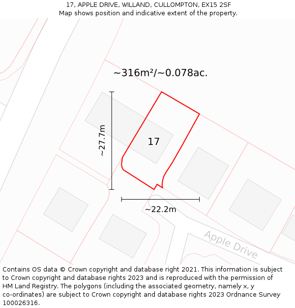 17, APPLE DRIVE, WILLAND, CULLOMPTON, EX15 2SF: Plot and title map