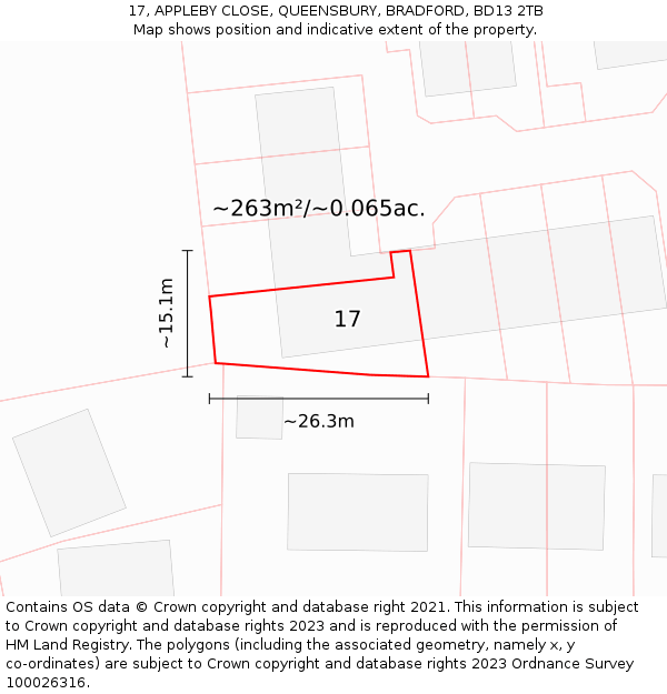 17, APPLEBY CLOSE, QUEENSBURY, BRADFORD, BD13 2TB: Plot and title map