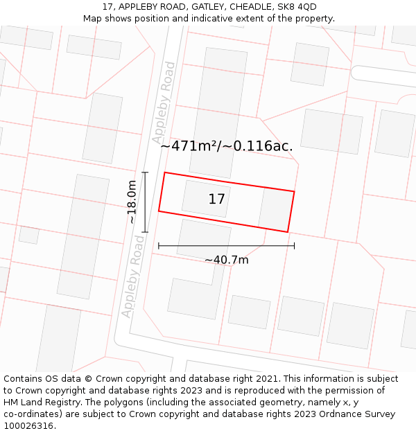 17, APPLEBY ROAD, GATLEY, CHEADLE, SK8 4QD: Plot and title map