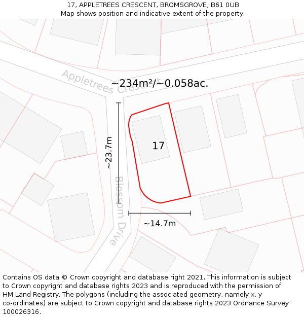 17, APPLETREES CRESCENT, BROMSGROVE, B61 0UB: Plot and title map