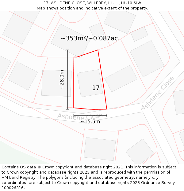 17, ASHDENE CLOSE, WILLERBY, HULL, HU10 6LW: Plot and title map