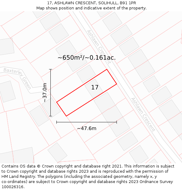 17, ASHLAWN CRESCENT, SOLIHULL, B91 1PR: Plot and title map