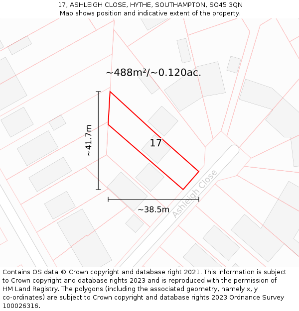 17, ASHLEIGH CLOSE, HYTHE, SOUTHAMPTON, SO45 3QN: Plot and title map