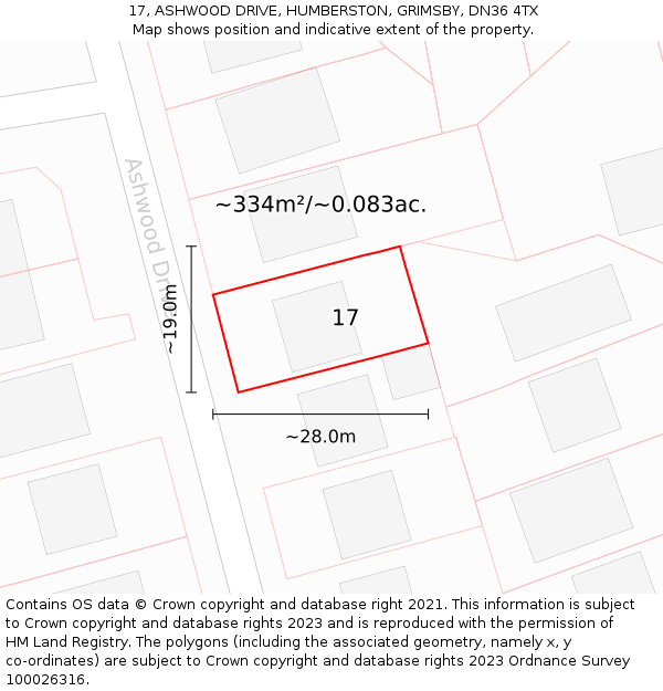 17, ASHWOOD DRIVE, HUMBERSTON, GRIMSBY, DN36 4TX: Plot and title map