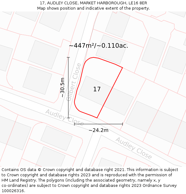 17, AUDLEY CLOSE, MARKET HARBOROUGH, LE16 8ER: Plot and title map