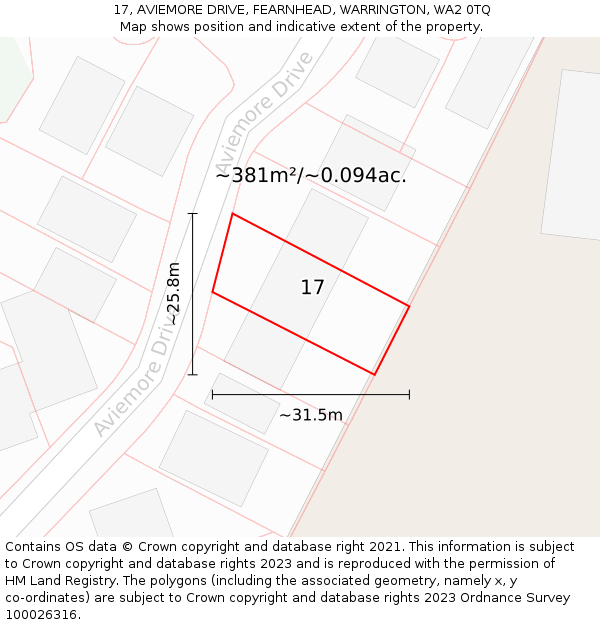 17, AVIEMORE DRIVE, FEARNHEAD, WARRINGTON, WA2 0TQ: Plot and title map
