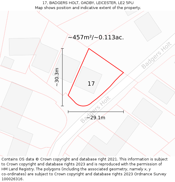 17, BADGERS HOLT, OADBY, LEICESTER, LE2 5PU: Plot and title map