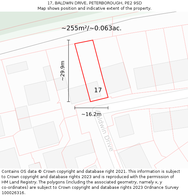 17, BALDWIN DRIVE, PETERBOROUGH, PE2 9SD: Plot and title map