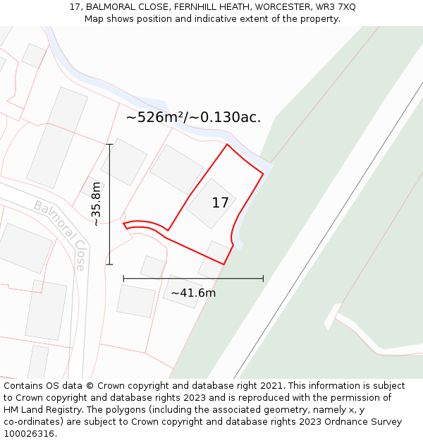 17, BALMORAL CLOSE, FERNHILL HEATH, WORCESTER, WR3 7XQ: Plot and title map