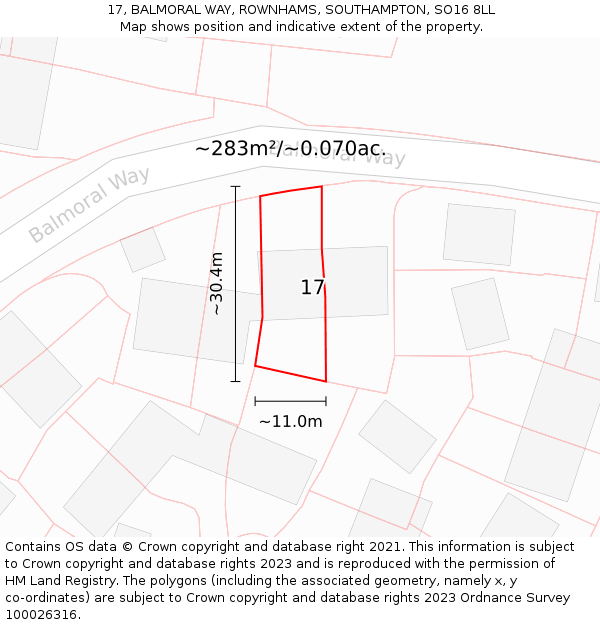 17, BALMORAL WAY, ROWNHAMS, SOUTHAMPTON, SO16 8LL: Plot and title map