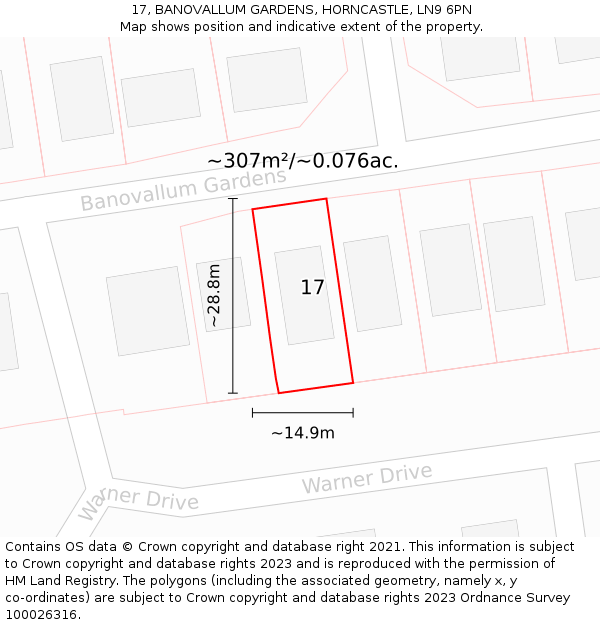 17, BANOVALLUM GARDENS, HORNCASTLE, LN9 6PN: Plot and title map