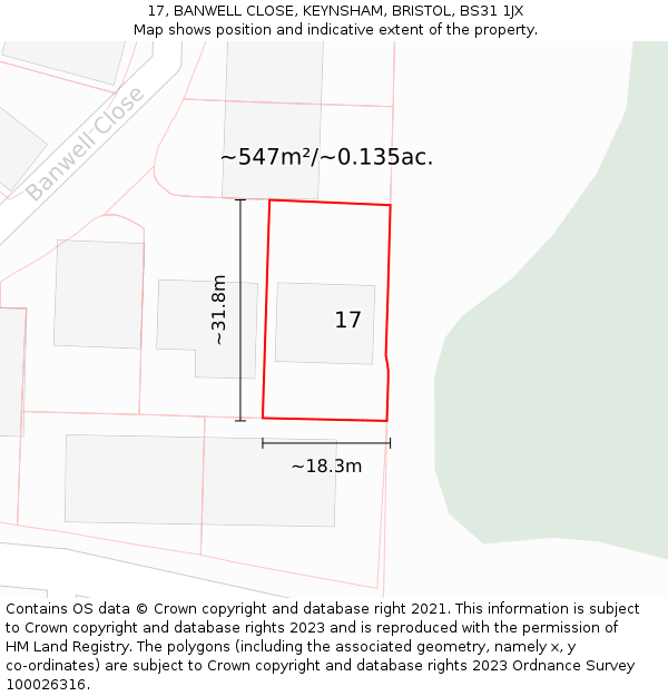 17, BANWELL CLOSE, KEYNSHAM, BRISTOL, BS31 1JX: Plot and title map