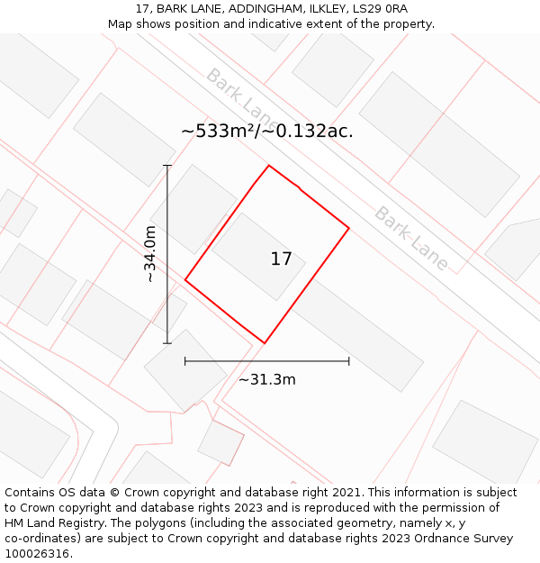 17, BARK LANE, ADDINGHAM, ILKLEY, LS29 0RA: Plot and title map