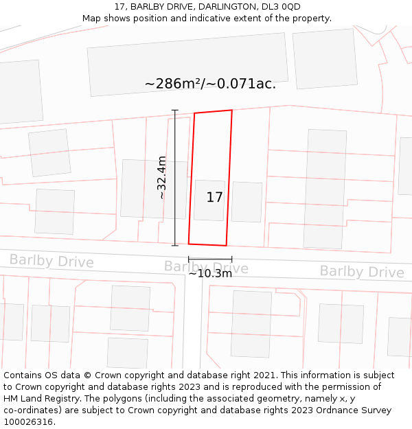 17, BARLBY DRIVE, DARLINGTON, DL3 0QD: Plot and title map