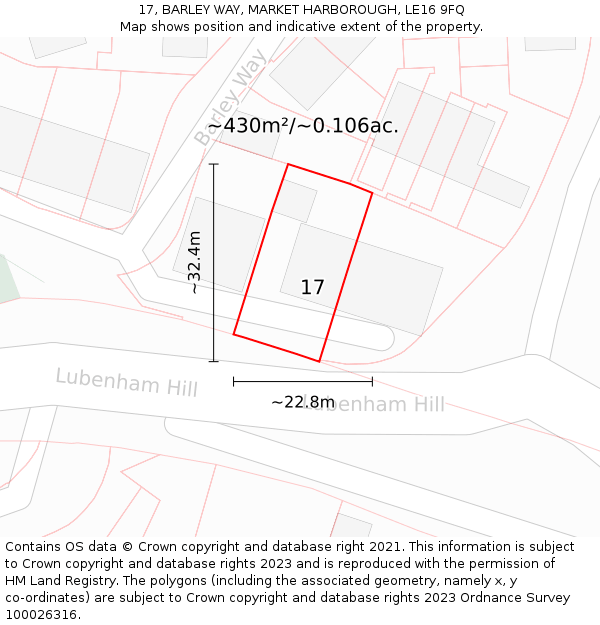 17, BARLEY WAY, MARKET HARBOROUGH, LE16 9FQ: Plot and title map