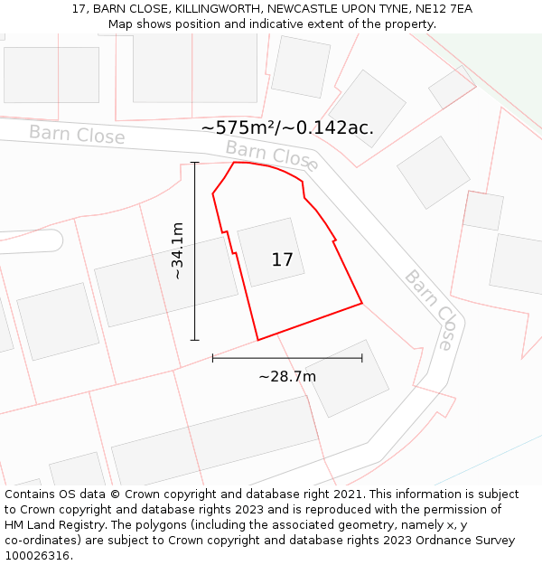 17, BARN CLOSE, KILLINGWORTH, NEWCASTLE UPON TYNE, NE12 7EA: Plot and title map
