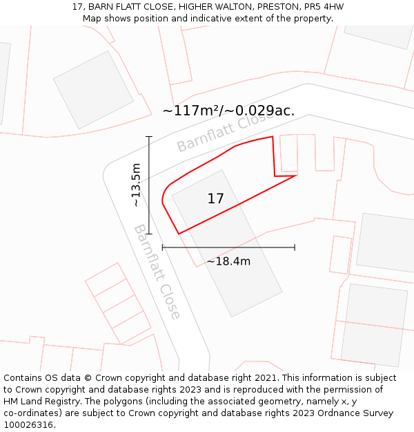 17, BARN FLATT CLOSE, HIGHER WALTON, PRESTON, PR5 4HW: Plot and title map