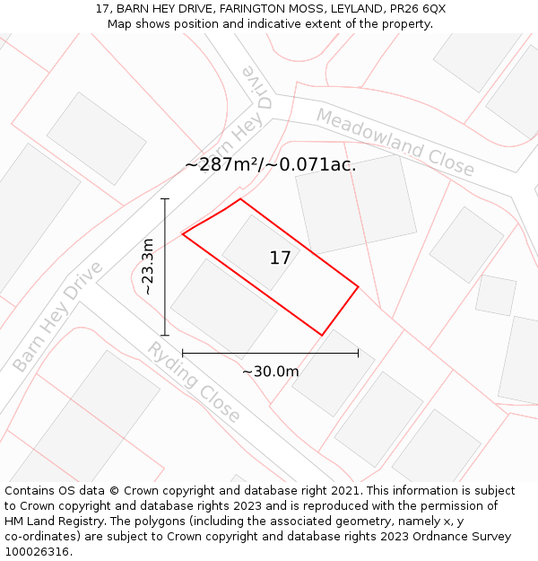 17, BARN HEY DRIVE, FARINGTON MOSS, LEYLAND, PR26 6QX: Plot and title map