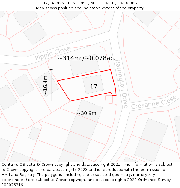 17, BARRINGTON DRIVE, MIDDLEWICH, CW10 0BN: Plot and title map
