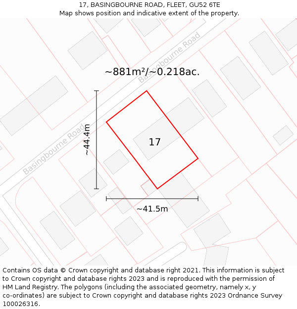17, BASINGBOURNE ROAD, FLEET, GU52 6TE: Plot and title map