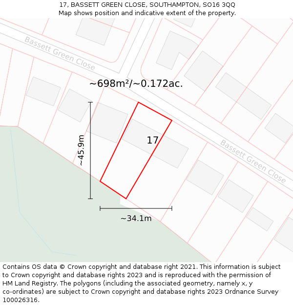 17, BASSETT GREEN CLOSE, SOUTHAMPTON, SO16 3QQ: Plot and title map