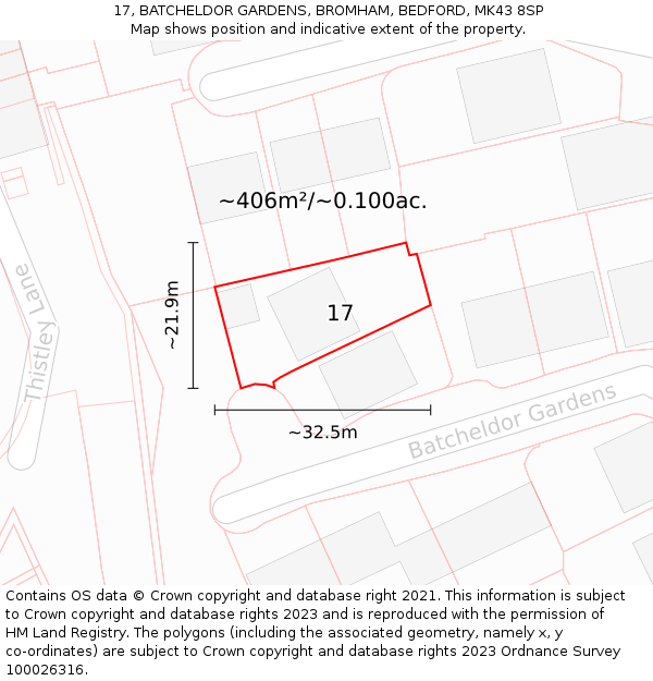 17, BATCHELDOR GARDENS, BROMHAM, BEDFORD, MK43 8SP: Plot and title map